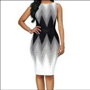Black DigitalStriped Body con Midi Sheath Dress White